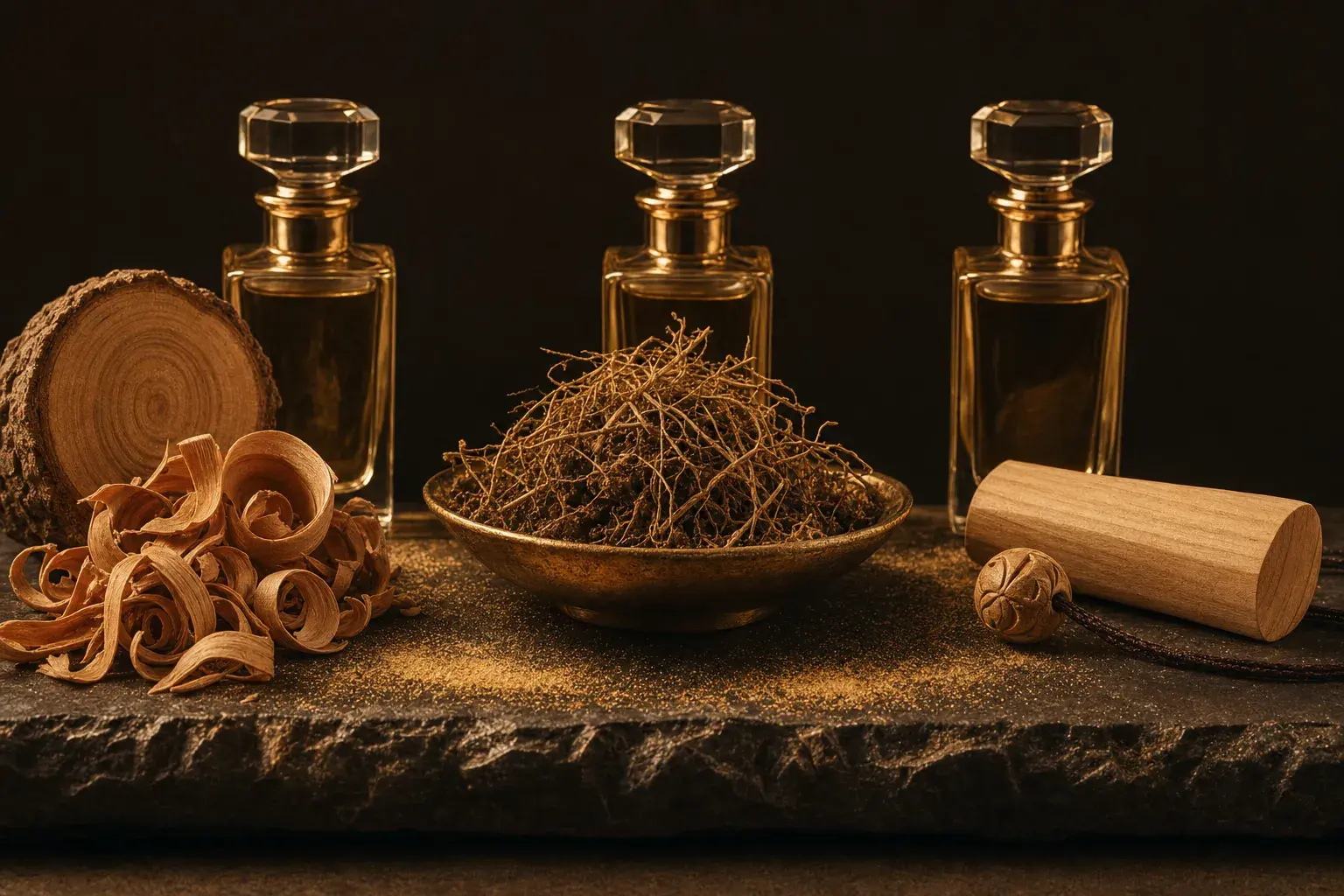 Le rôle des matières premières : cèdre, vétiver, santal — illustration